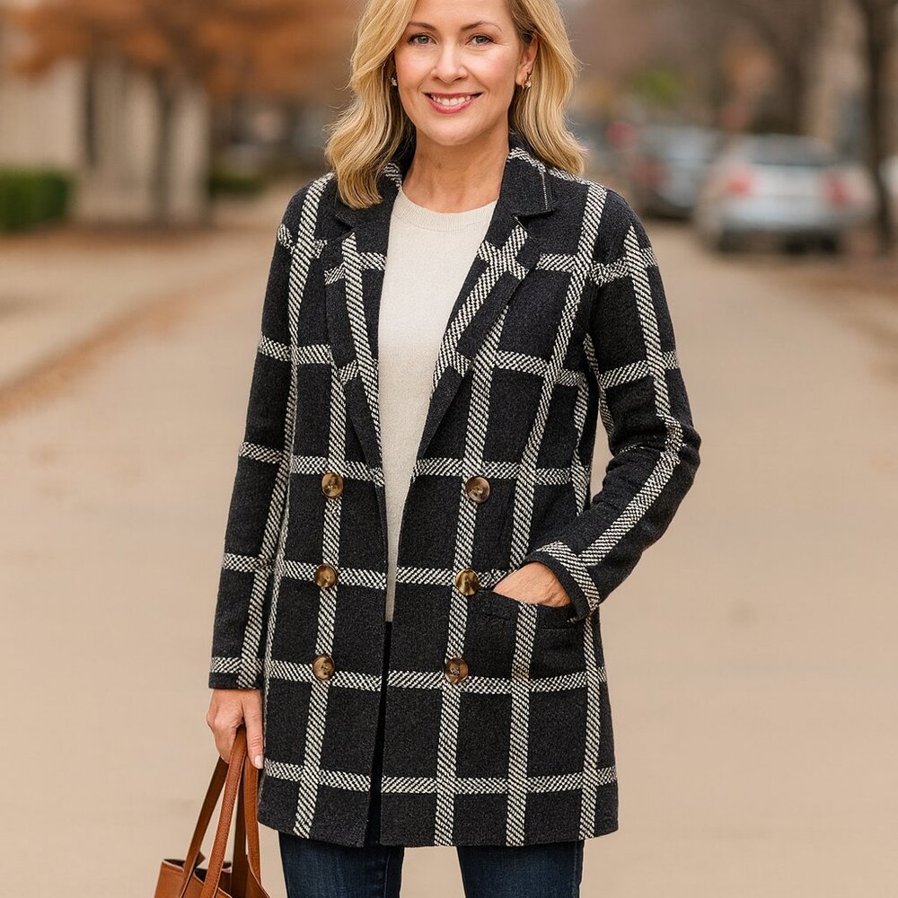 Black and White Windowpane Sweater Jacket Cardigan Open Front Pockets